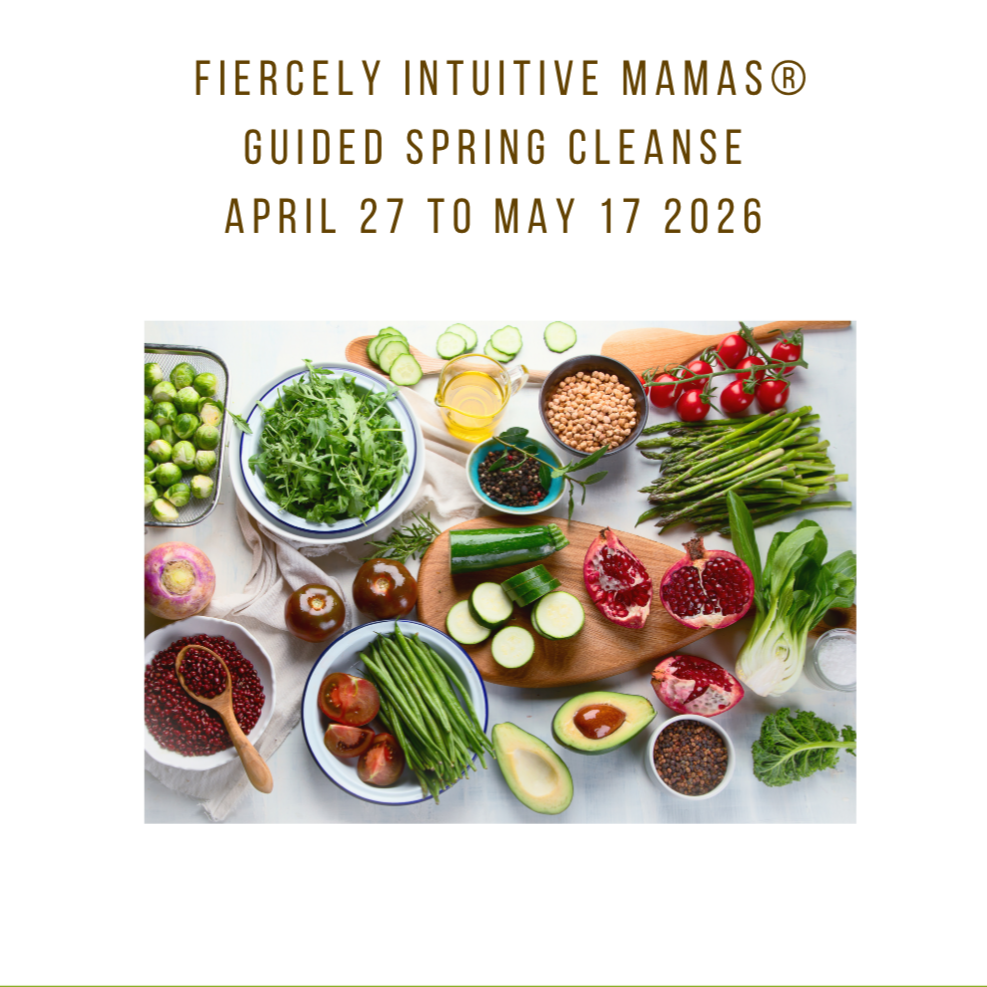 Text overlay on a background of fresh vegetables and greens, advertising a guided spring cleanse from April 27 to May 17, 2026.