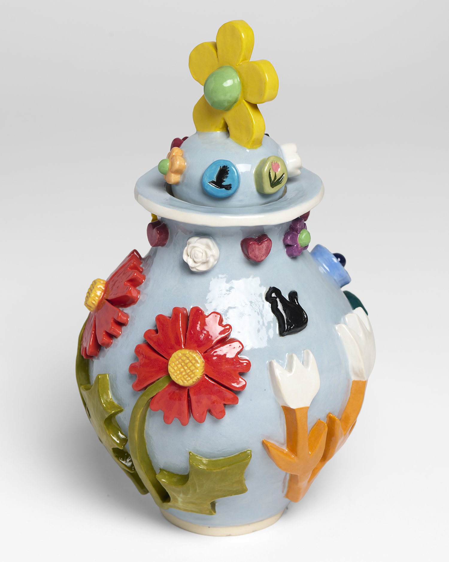 Urn #19 (Black Cats and Flowers), view 2,  2026 , underglazed and glazed ceramic, 9.5"x6"x6"