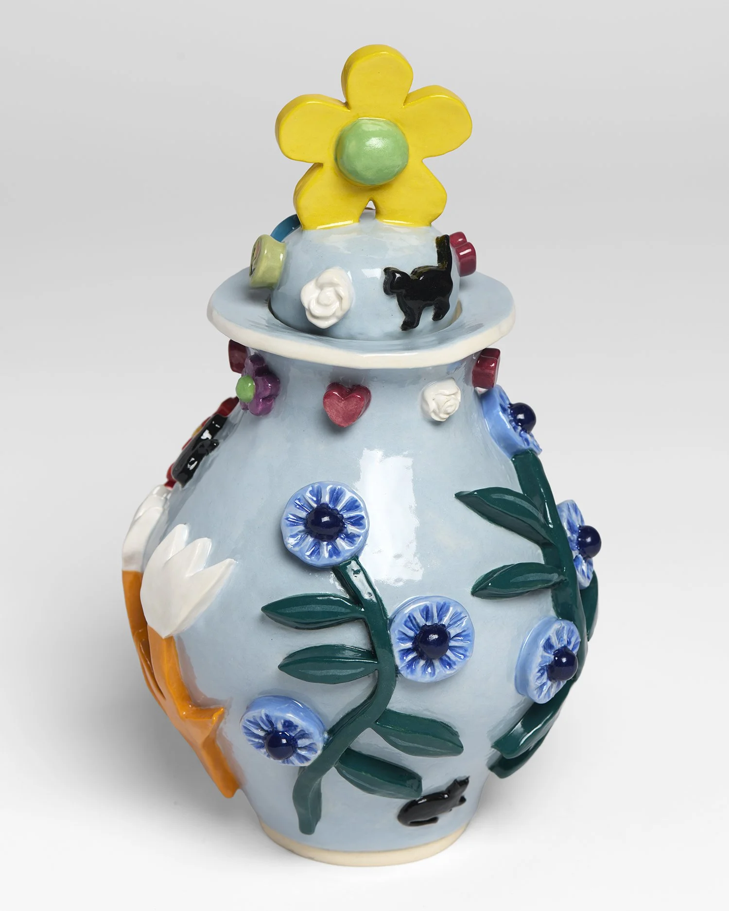 Urn #19 (Black Cats and Flowers), view 3,  2026 , underglazed and glazed ceramic, 9.5"x6"x6"