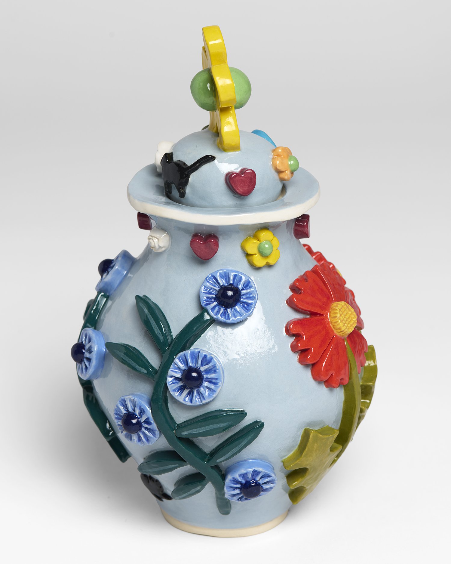 Urn #19 (Black Cats and Flowers), view 4  2026 , underglazed and glazed ceramic, 9.5"x6"x6"