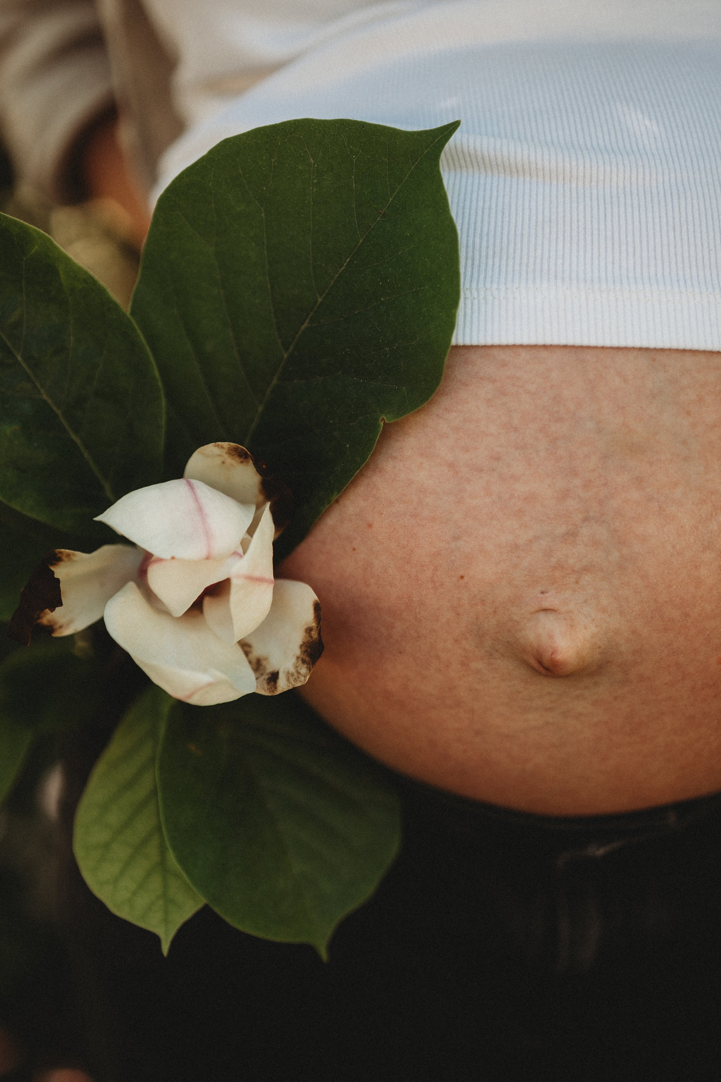 Nahaufnahme eines Bauchnabels und eines weißen Kleidungsstücks, umgeben von grünen Blättern und weißen Blumen.