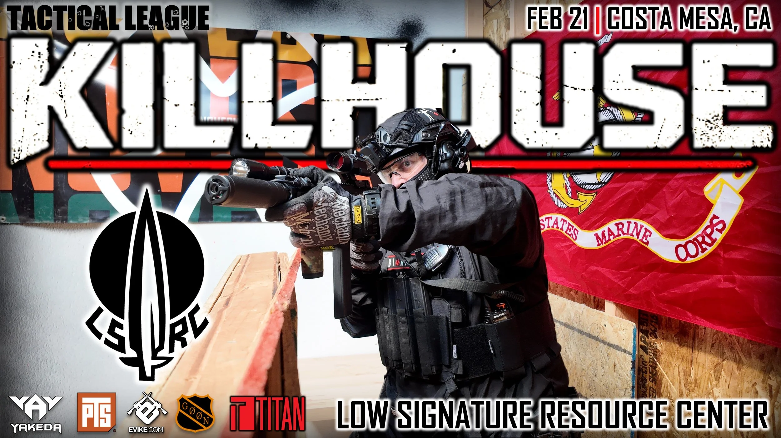 Poster advertising an airsoft event titled 'Killhouse' at Low Signature Resource Center in Costa Mesa, CA on February 21. Features a person in tactical gear aiming a gun, with logos of sponsors at the bottom. Event details mention law enforcement training, a combat-focused gameplay event, 75-player cap, and tickets available now.