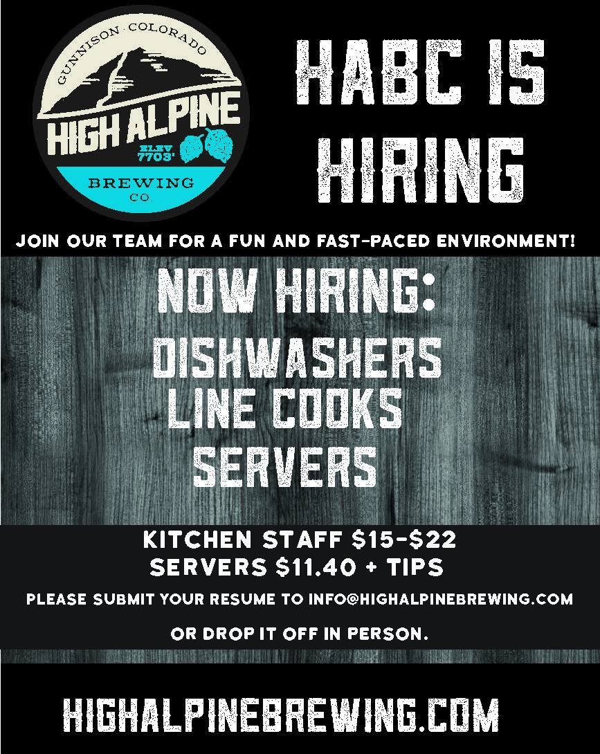 Leaving school soon and looking for a summer job?  HABC is hiring for the summer season!  Join our team for a fun and fast paced environment. Experience not necessary!!! To apply, please email your resume to gm@highalpinebrewing.com or drop it off in