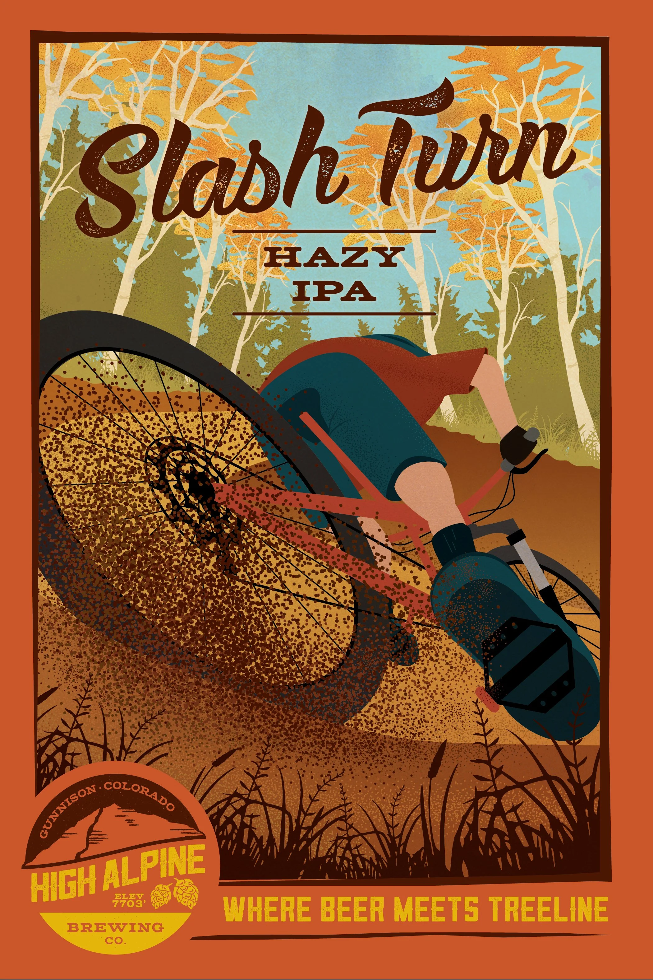 Slash Turn Hazy IPA logo with mountain biker spraying dirt riding through a berm. 