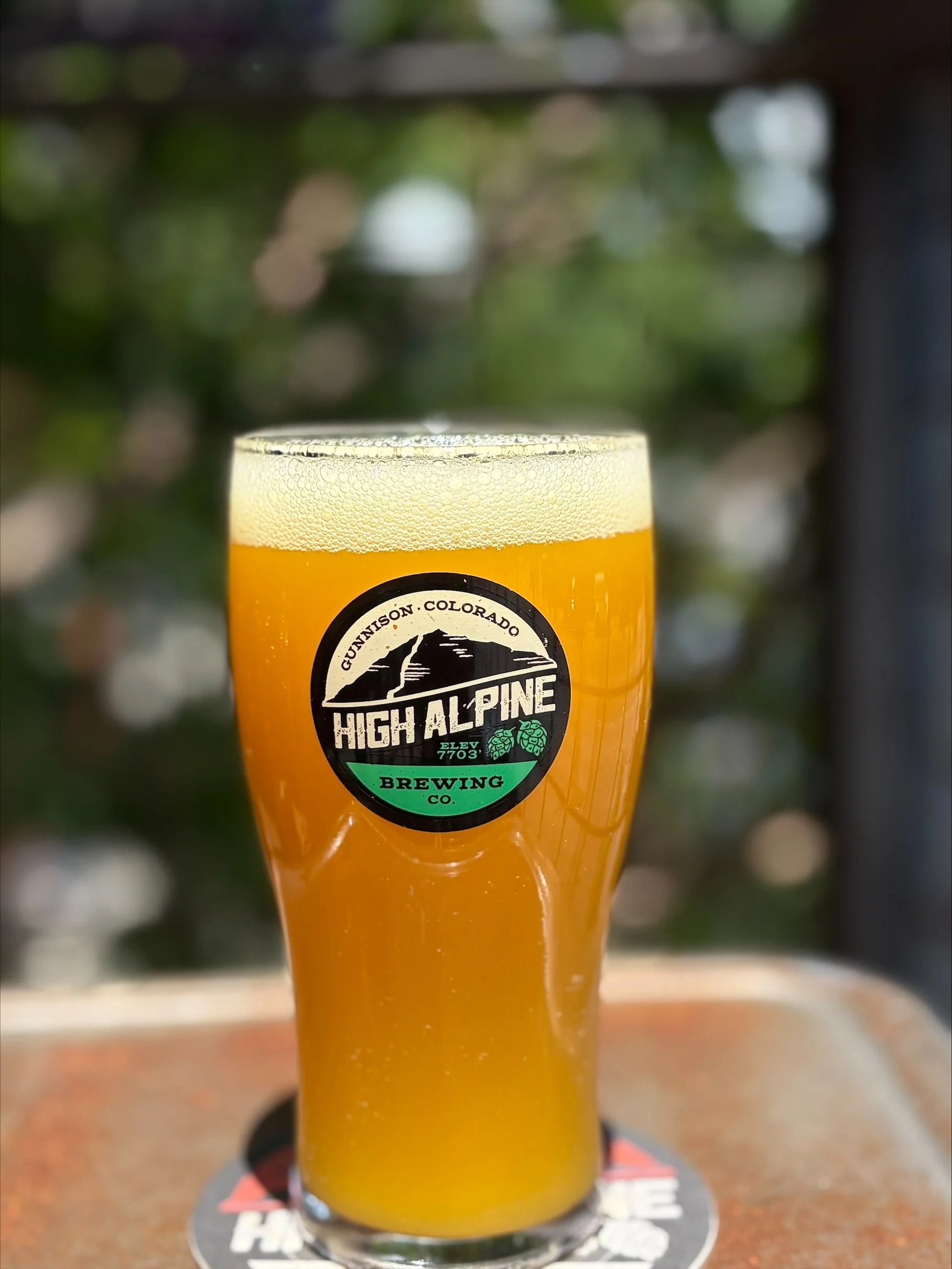 Bright Golden orange beer in pint glass sitting on table outside
