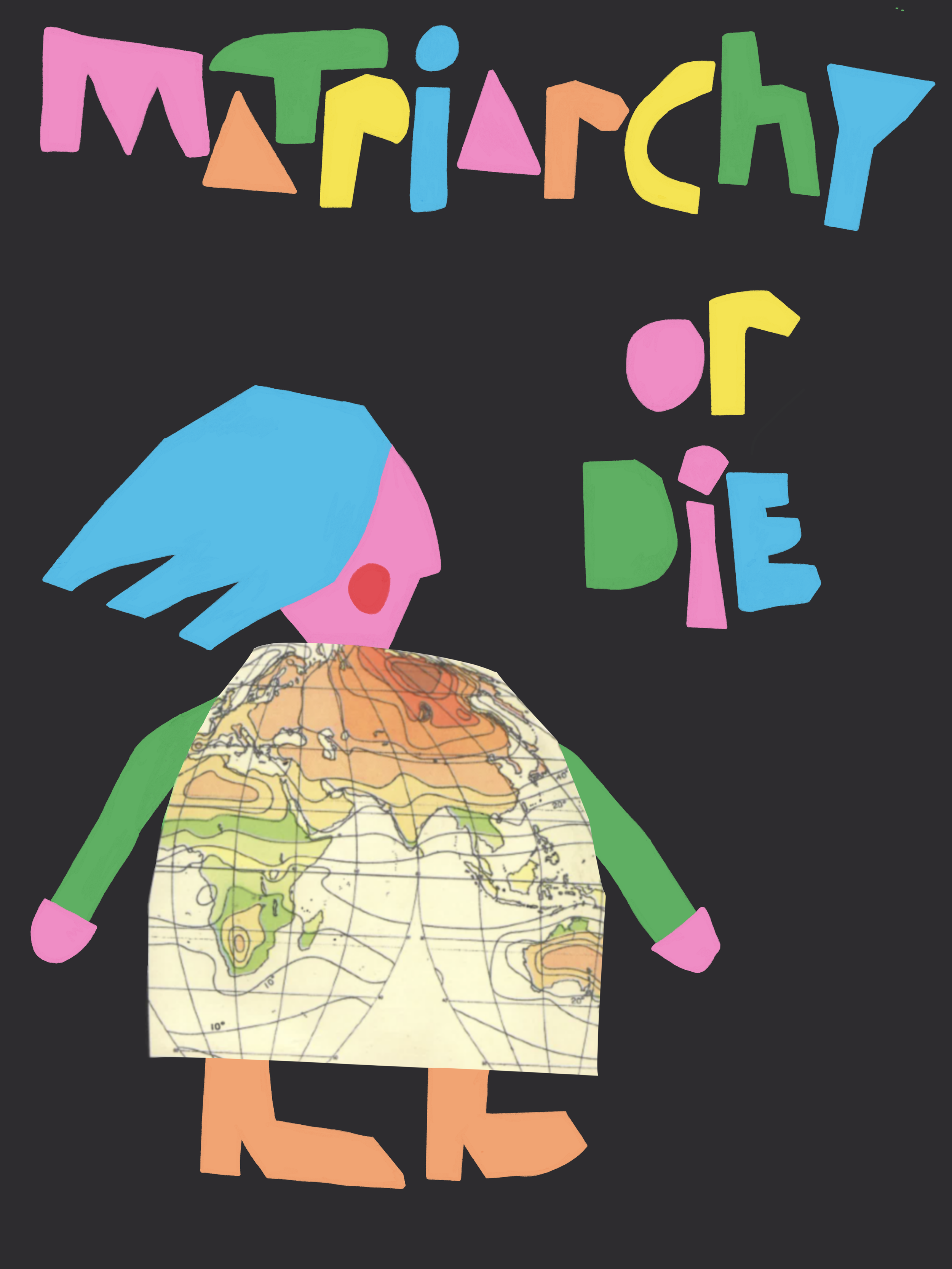 Colorful hand-drawn letters spelling 'MAGIC' and 'DIE' with a stylized girl head and a map body on a black background.