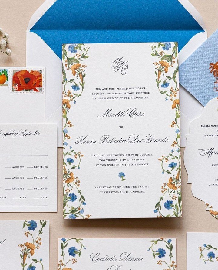 Smitten with these lively colors and painterly floral details. A die cut shape adds character and interest. Orange edge painting on the invite and reception card adds a pop of color while also making these cards more distinctive. Custom, linen cockta