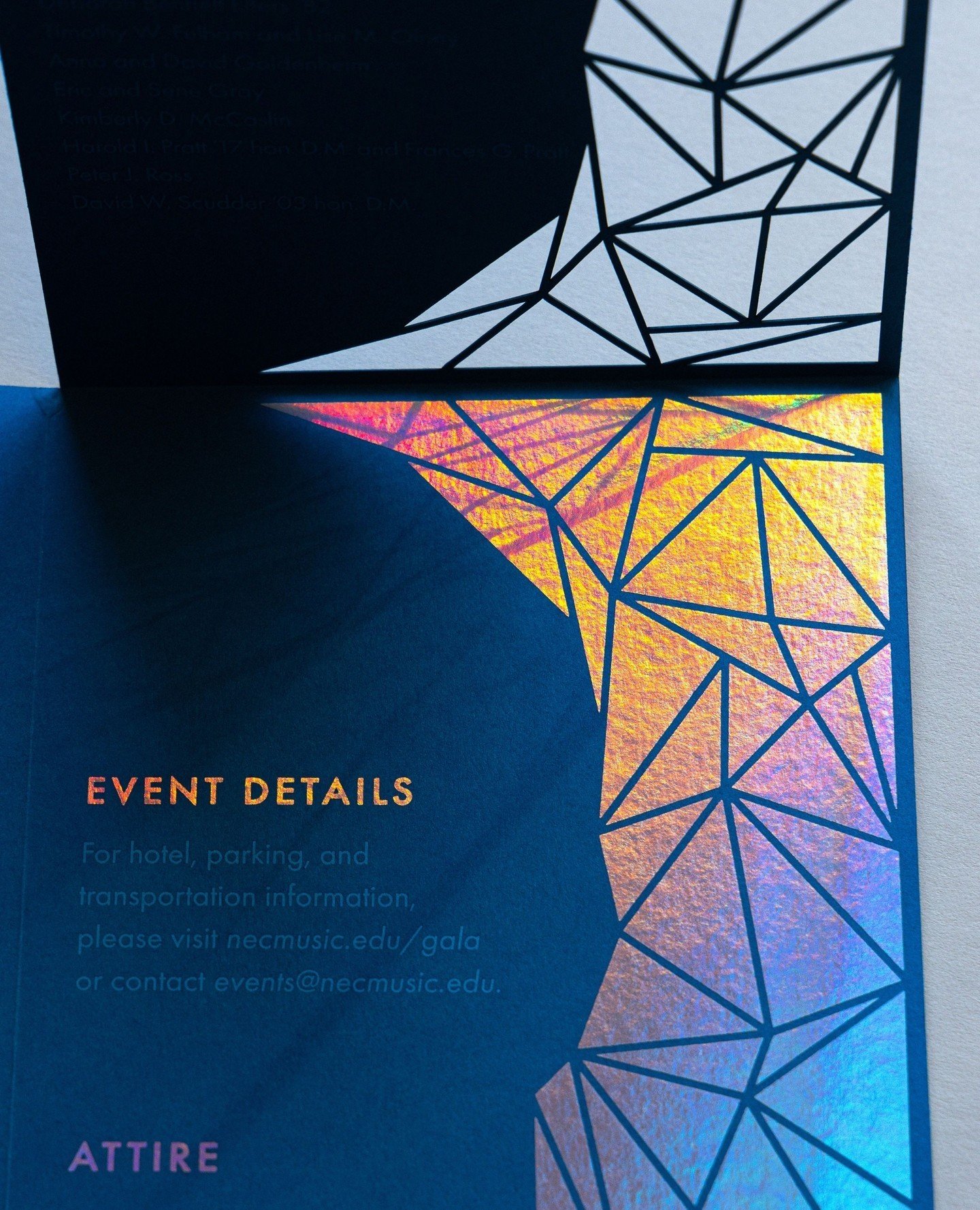 Holographic foil and laser cut invitation for this year's New England Conservatory gala to raise money for the scholarship fund. Loving the handsome colors and interesting shapes #katiefischerdesign Photo by @rwagnerphotography