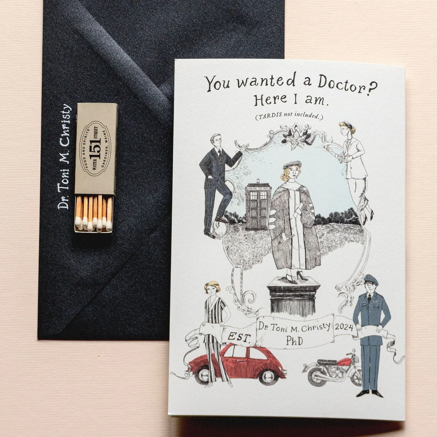 Happy Halloween! 👻🌚✨️ Check out this graduation announcement designed for a favorite repeat client (we did her murder mystery 40th birthday invite in the same glorious Edward Gorey style as this). The client is also a huge Doctor Who fan so we incl