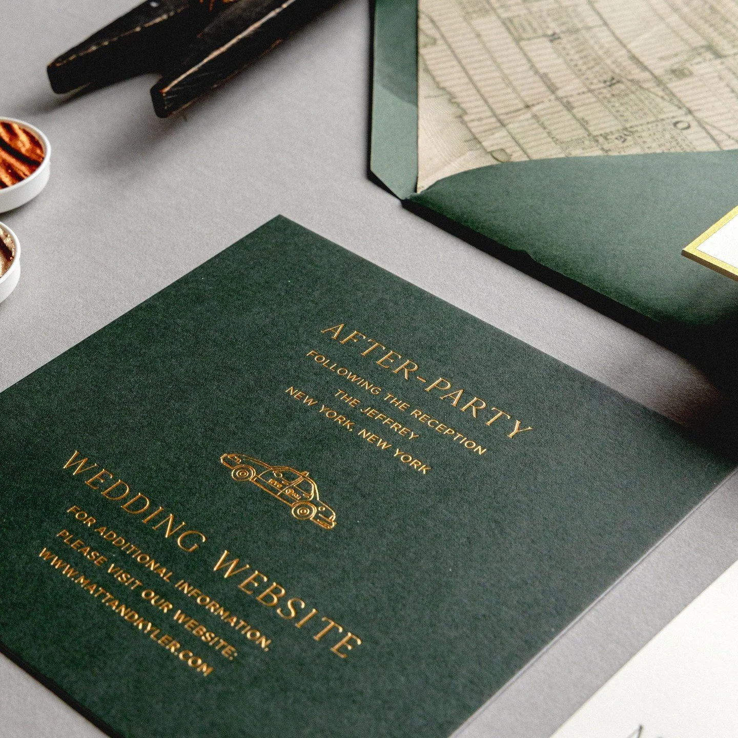 Your after party invite can be a bit more fun and different than your invite cards...how about a little gold foil bling? Or moody dark paper? Or in this case...both!