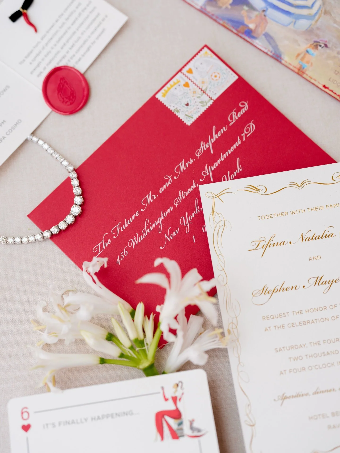 Rich reds and warm golds for a wedding in Ravello ❤️

P.S. Swipe for a custom oil painting inspired by the couple&rsquo;s farewell beach party printed on the sunglass case

photos by @bottega53

#destinationweddingitaly #stationerydesign #printdesign