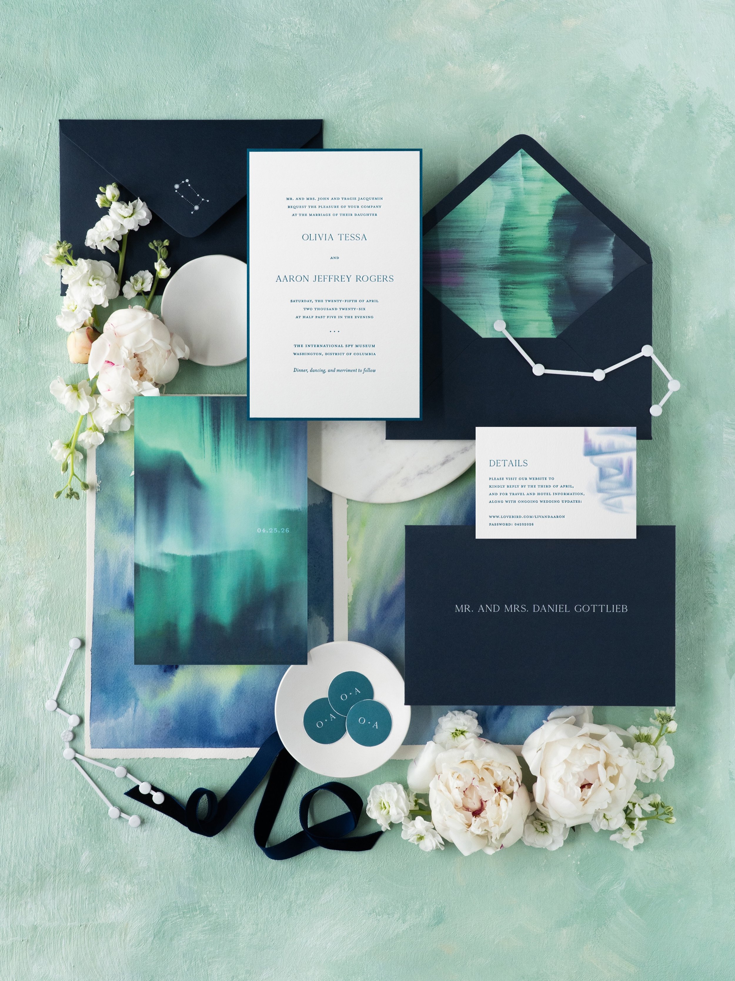 The couple&rsquo;s engagement beneath the Northern Lights inspired this invitation suite of watercolor artwork and constellation details ✨ 

Planning by @bellanottedc 
Photo &amp; Styling by @peterson.design.photo
Venue: @spymuseumprivateevents