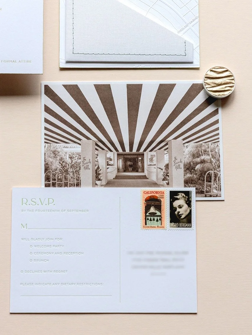 This postcard-style RSVP card features a vintage photograph of the Beverly Hills Hotel, turning a simple response into something fun receiving in the mail. While online RSVPs are becoming more common, this keeps the tradition of mailed-back RSVPs par