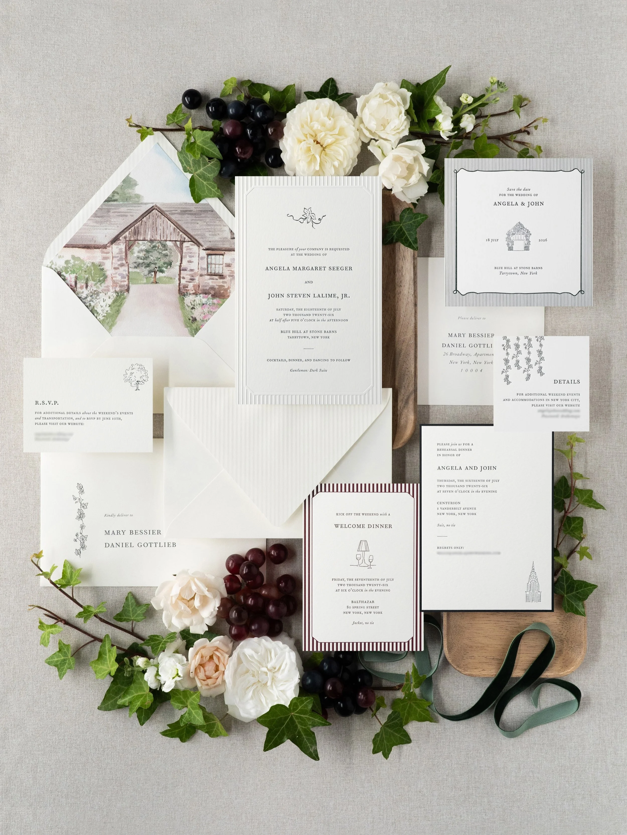 For a July celebration at Blue Hill at Stone Barns, this suite blended clean, minimalist details with organic textures and a hand-painted watercolor liner. 💌

Planning by @augustacole 
Photos &amp; Styling @peterson.design.photo 
Venue @bluehillfarm