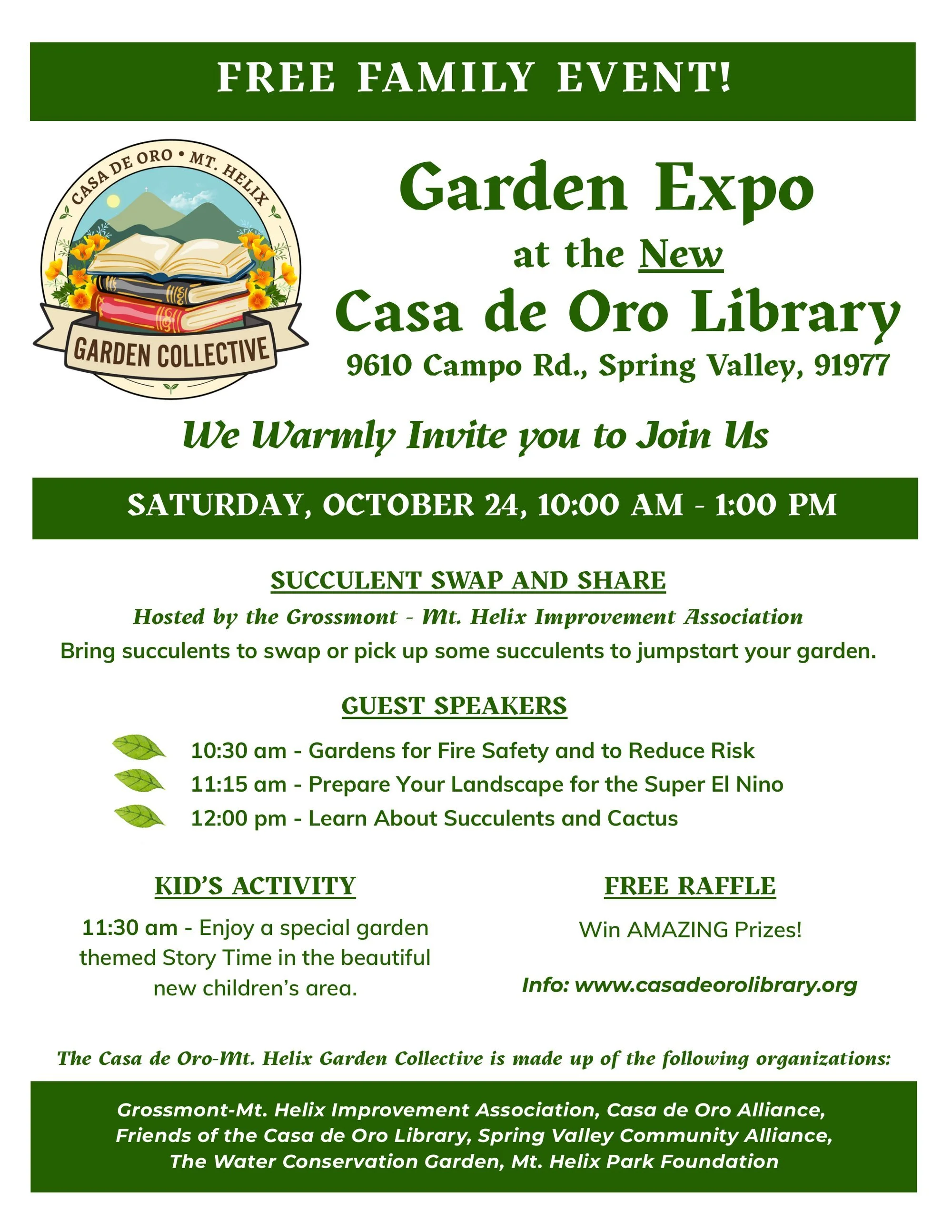 Free Family Garden Expo at the new Casa de Oro Library, Saturday, October 24, 10 AM to 1 PM
