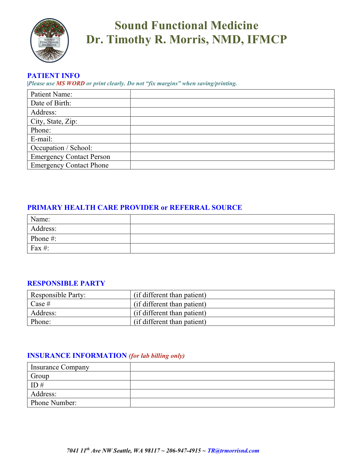 Intake — Puget Sound Functional Medicine: Dr. Timothy R. Morris