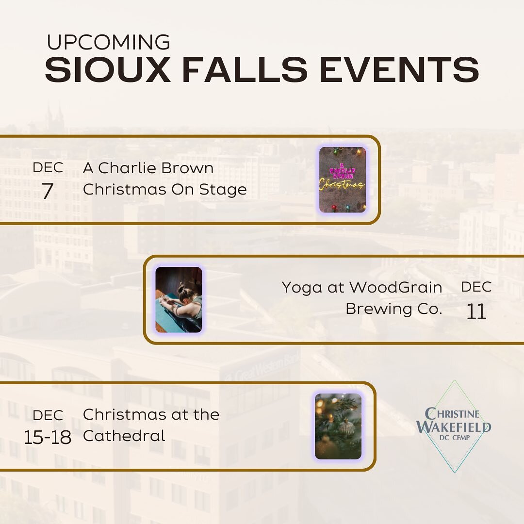 Head to the 🔗link in my bio to see these Sioux Falls events and more on the Community page of my website🔹
.
#SiouxFalls #LocalEvents #SiouxFallsCommunity
.
.
.
[Image Description 1: Text at the top &quot;Upcoming Sioux Falls Events&quot; and below 