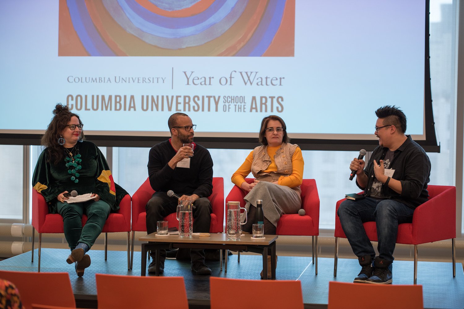  (Left to right): Dorothea Lasky, Douglas Kearney, Cecilia Pavón, and Jordan Abel discussing The Fluid Cycle of Electricity and Magic