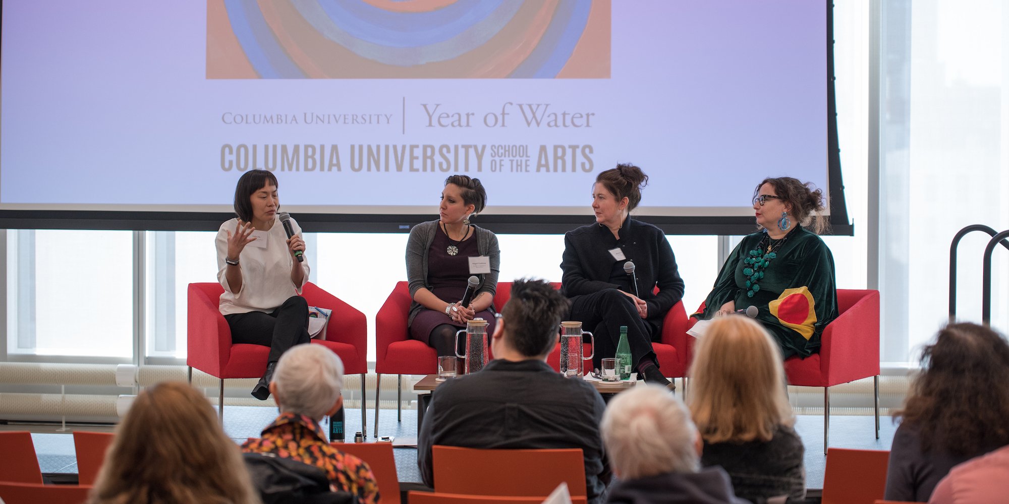  (Left to right): Celina Su, Matthea Harvey, Dorothea Lasky, and Abigail Chabitnoy discussing Poetry, Water, Place, Space, and Time