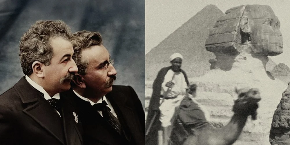 Left: two men stand together. Right: A person rides a camel in front of the pyramids.