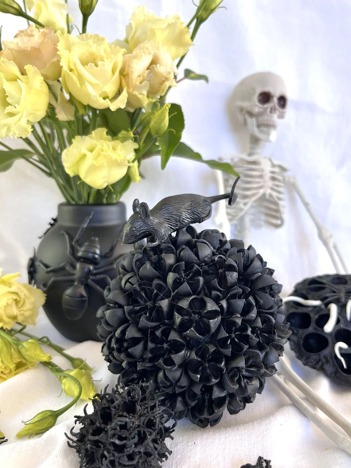 Boule recouverte de graines noires pour un cabinet de curiosités d’Halloween