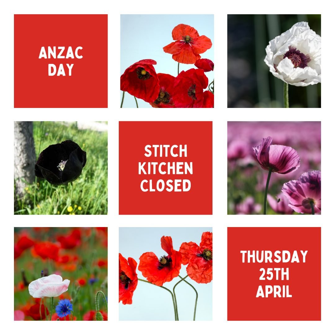 Stitch Kitchen will be closed this Thursday. (Open normal hours Wed, Friday and Saturday!)

Huge THANK YOU to our amazing volunteers who have contributed over the past month to the hundreds of poppies on display at the ANZAC Day commemorations at @go