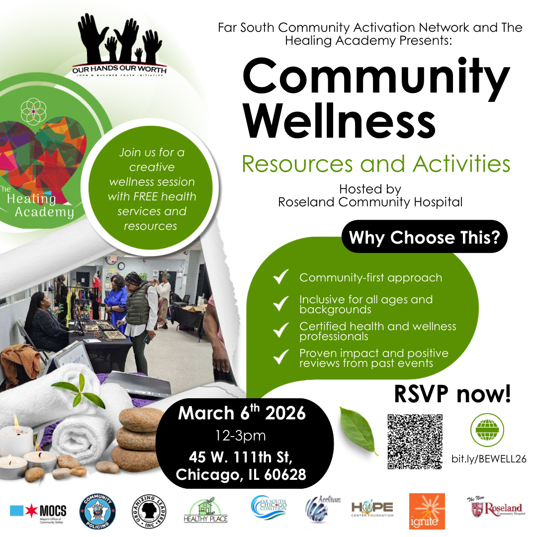 Promotional flyer for a community wellness event hosted by Roseland Community Hospital, featuring a health fair, resources, and activities, scheduled for March 6, 2026, from 12 to 3 PM at 45 W. 111th St., Chicago, IL 60628.