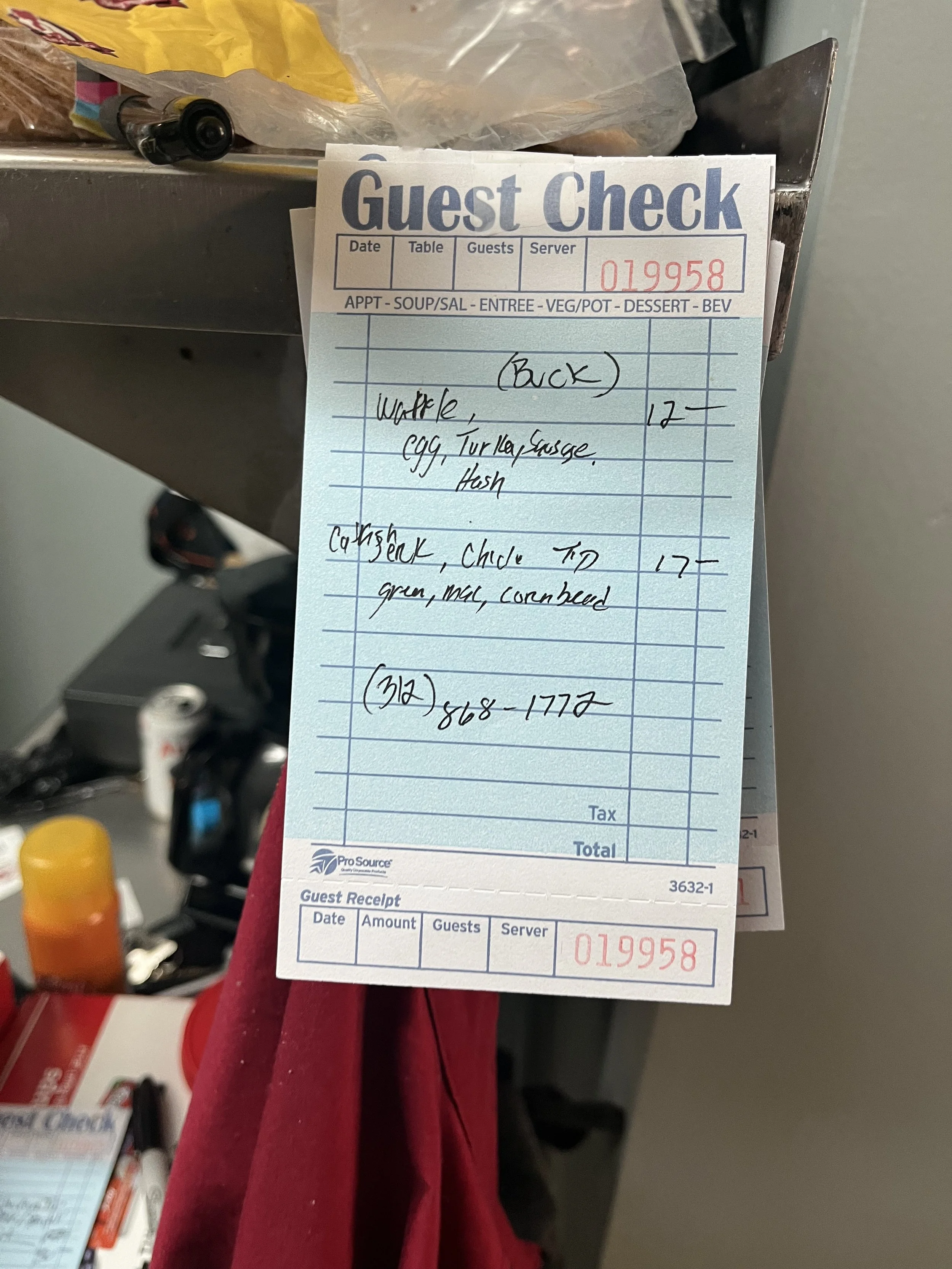 Guest check of an order taken by Culinary Arts Outreach Program