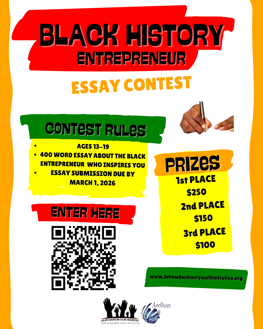 Poster announcing a Black History Entrepreneur Essay Contest with contest rules, prizes, and a QR code for entry. The contest has prizes for the top three winners.