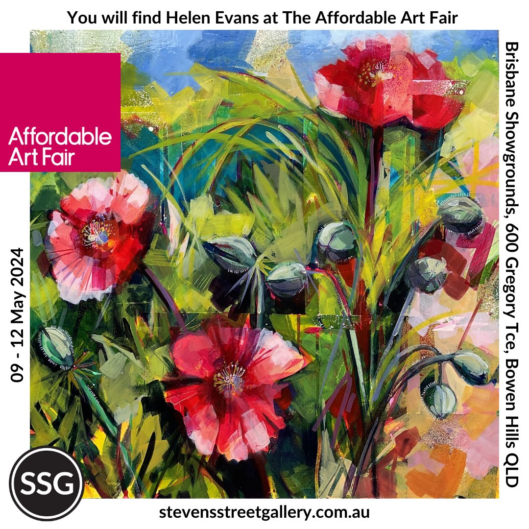 When you visit our stand at the Brisbane Affordable Art Fair you will see the unique, free style of Helen Evans. Inspired by her beautiful surroundings on her property located in Brisbane's own Cedar Creek you will be captivated by Helen's vibrant gl