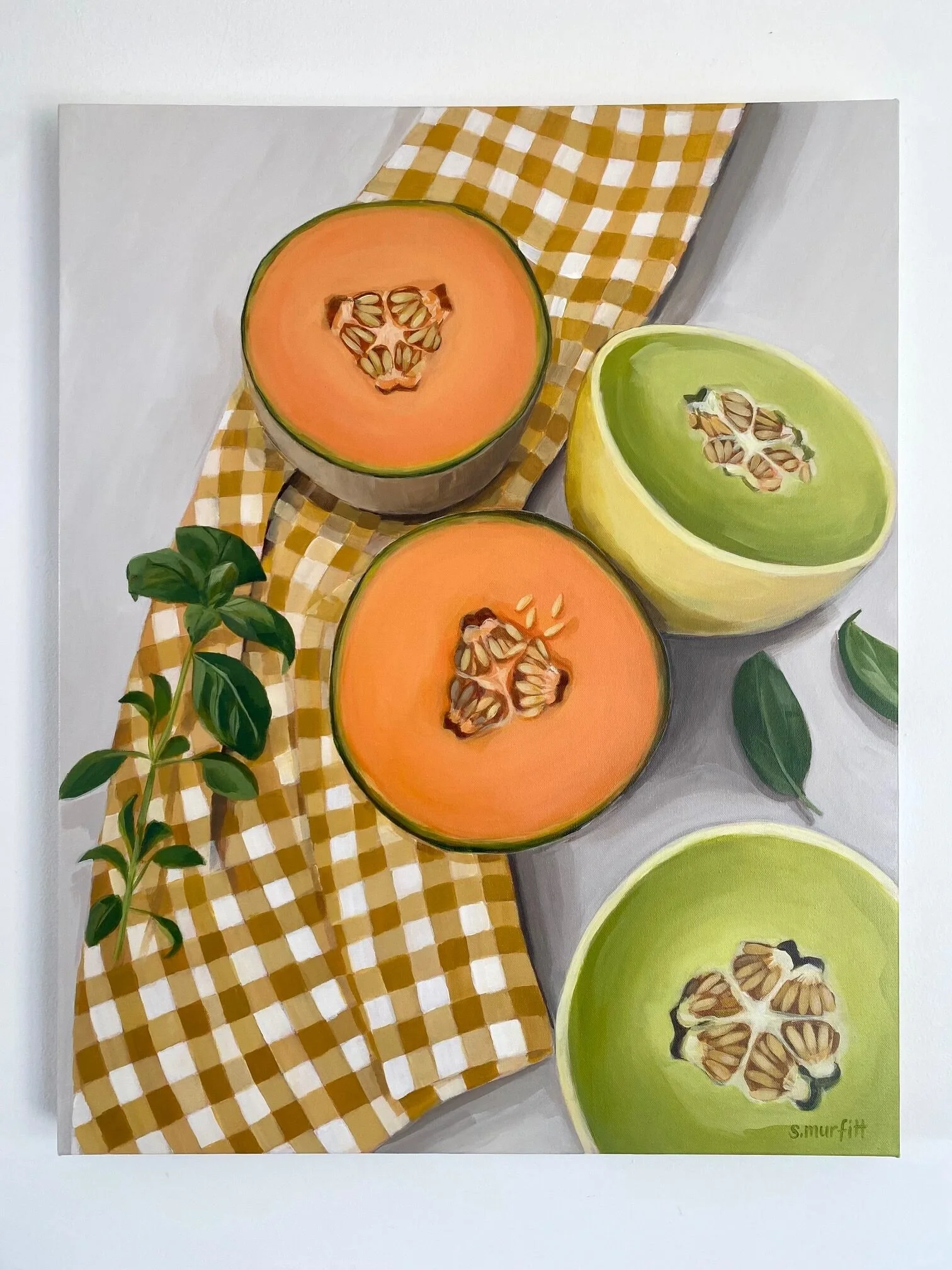 This one feels like a good mood on the wall! ⁣
⁣
Soft greens warm melon tones and a classic chequered cloth make Chequered Melons feel right at home with current interior trends. Think relaxed kitchens sunny dining spaces or a breakfast nook that nee