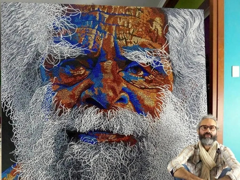 One of our true gallery favourites, Jandamarra Cadd is a Yorta Yorta and Dja Dja Wurrung artist who always draws a crowd, not just for his extraordinary talent, but for the quiet, powerful presence he brings with him. A gentle soul and natural storyt