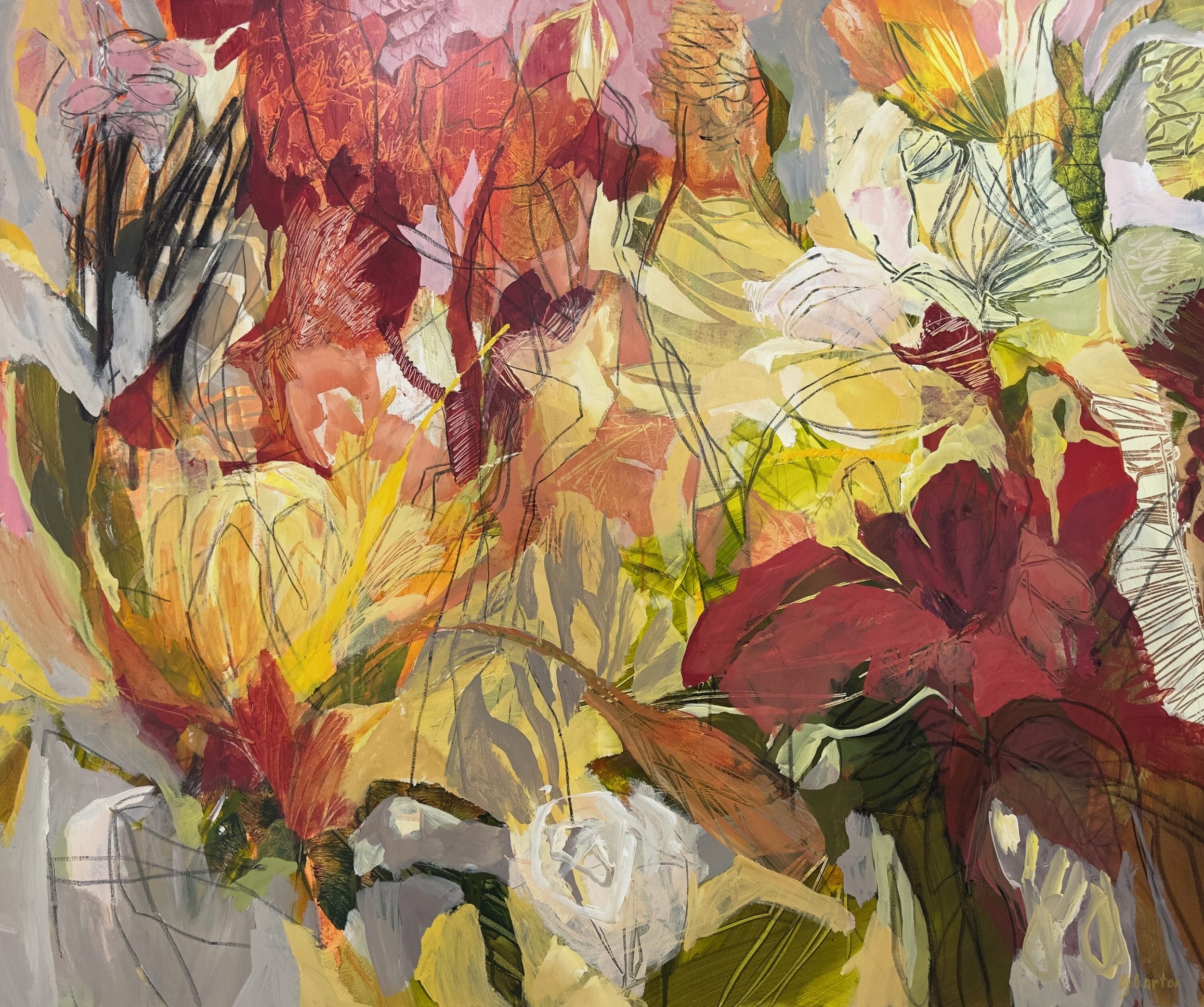 Bronwyn Barton is an intuitive painter whose richly layered works are inspired by the colours, textures, and movement of the sub-tropical bushland where she lives. Her paintings evolve through an energetic, exploratory process, building surface upon 