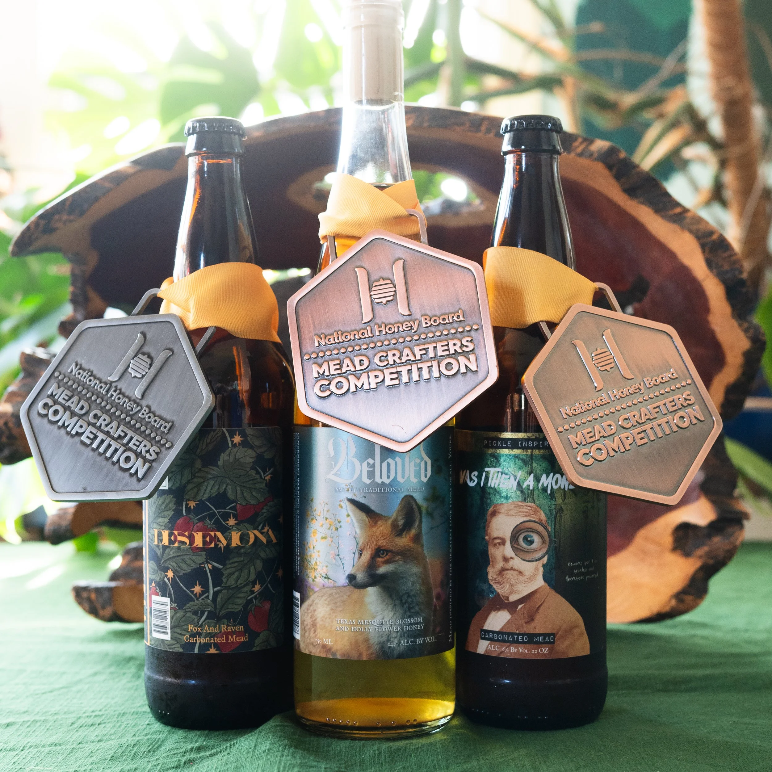 Our award winning mead. From left to right: "Desdemona", "Beloved", "Was I then a Monster"