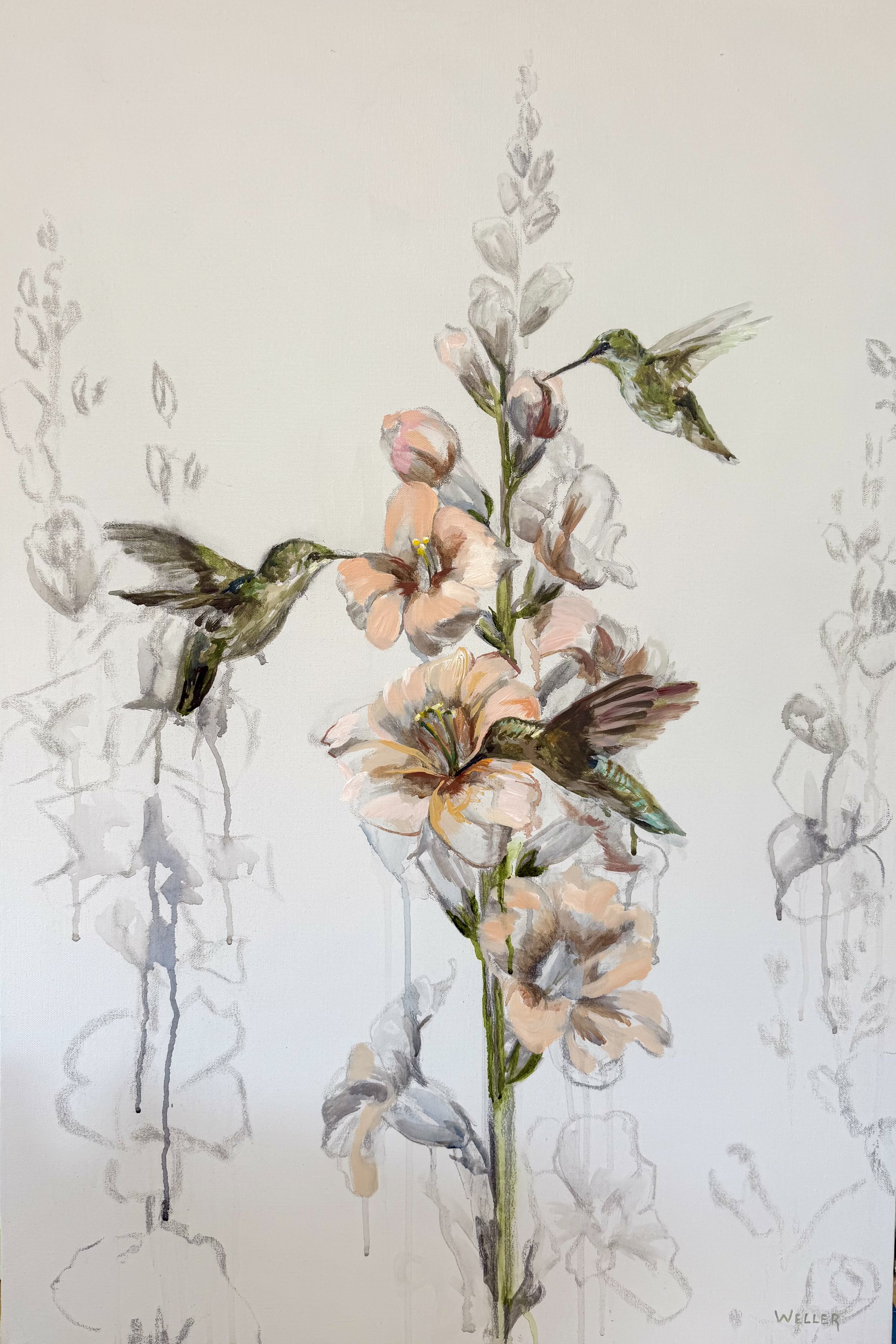 Hummingbirds and Hollyhock 24x36"