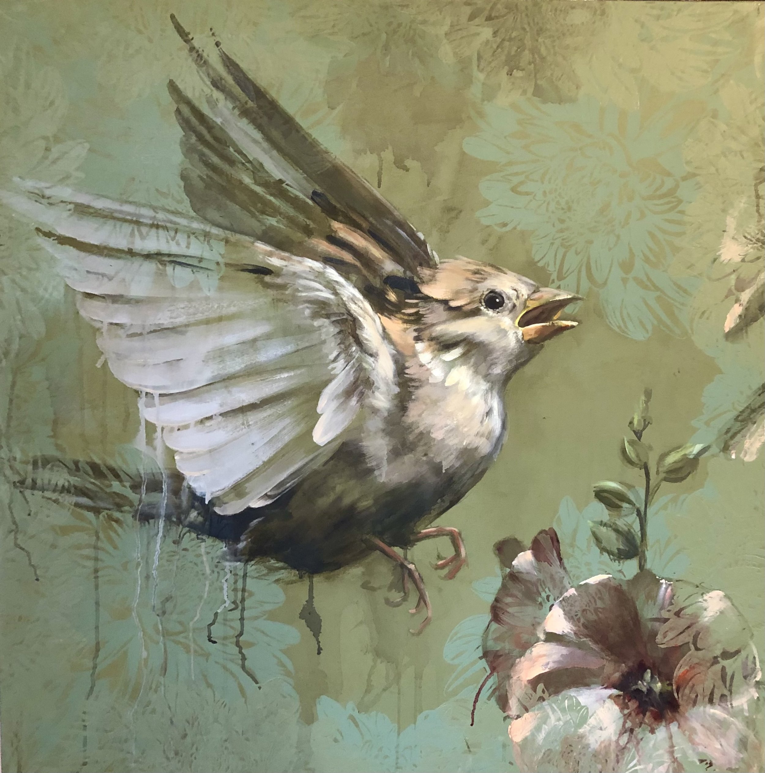 Sparrow and Hollyhock 36x36"