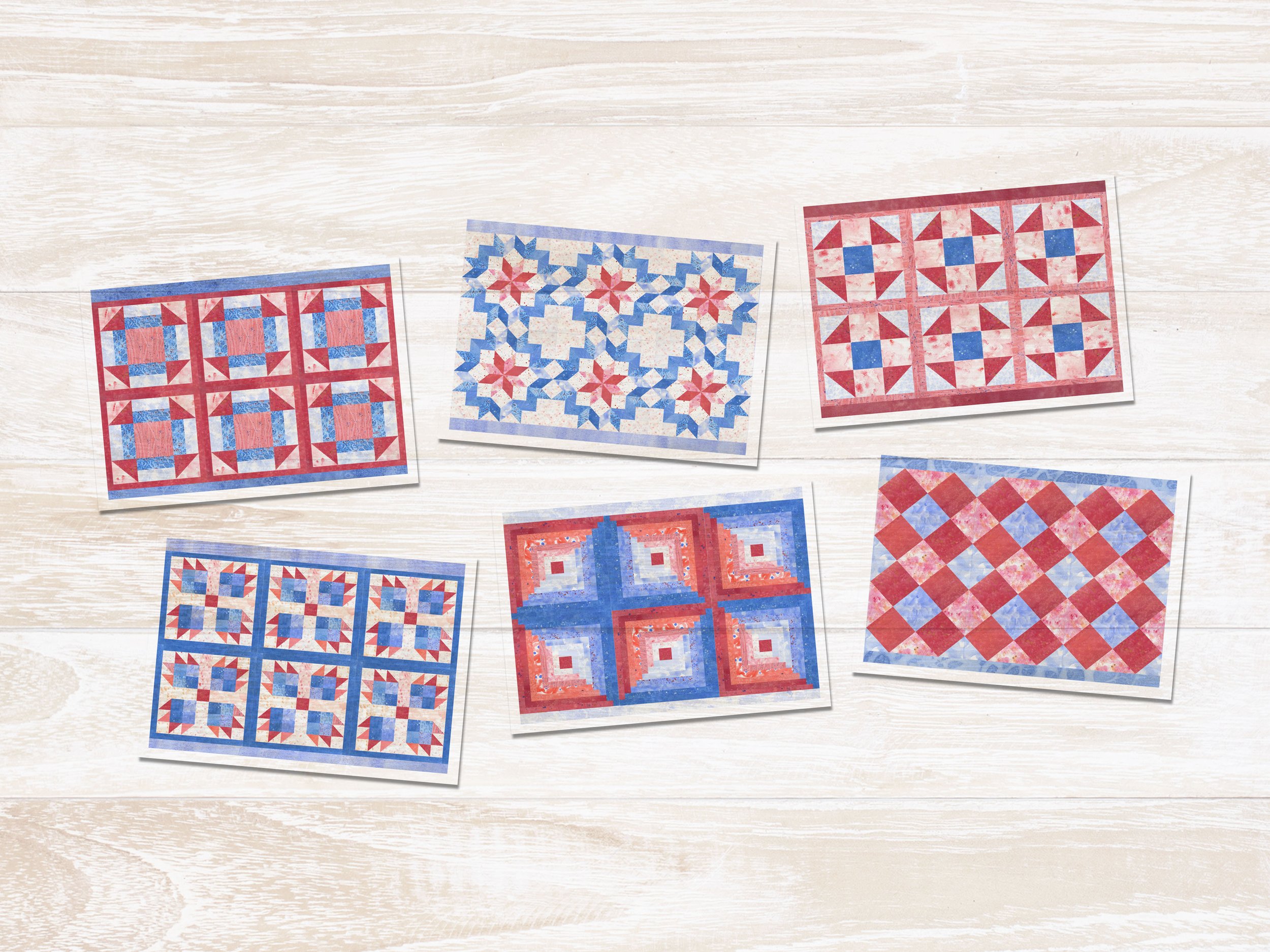 Red, White, and Blue Watercolor Quilt Notecards #1– Set of Six