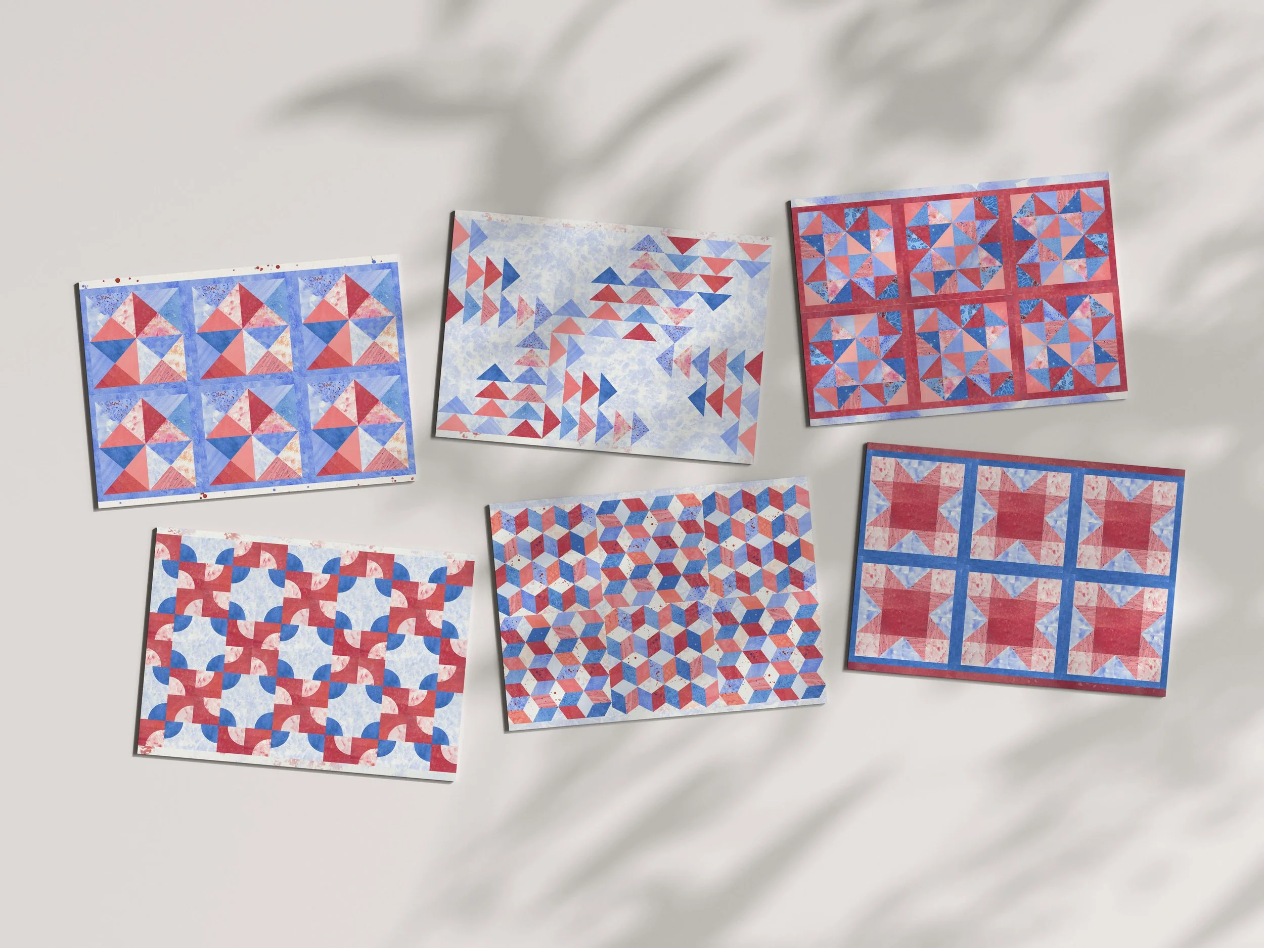 Red, White, and Blue Watercolor Quilt Notecards #2– Set of Six