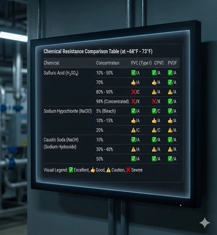 Chemical Resistance Chart comparing PVC, CPVC, and PVDF.
