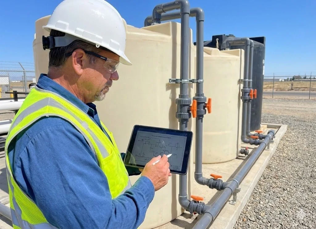 James Riggins reviewing industrial piping specifications on a tablet
