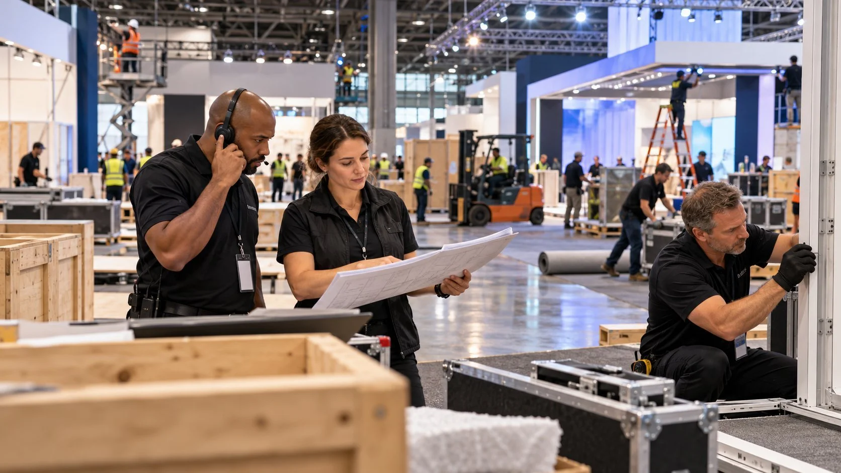 Event professionals troubleshooting an exhibit installation during trade show setup