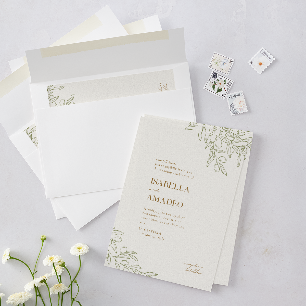 Elegant Italian Olive Branch Wedding Invitation