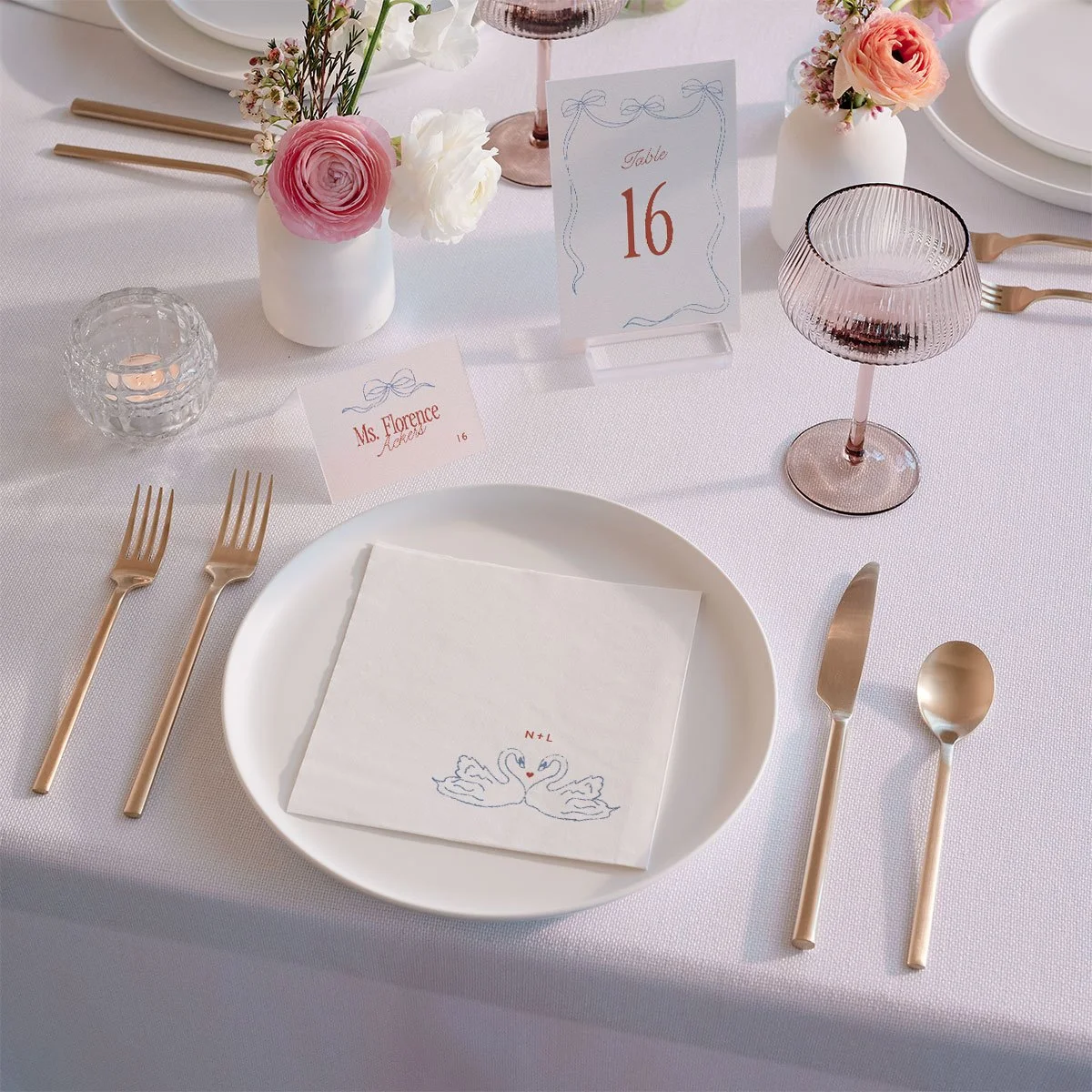 Modern Delicate Bows Cocktail Napkin, Place Card, and Table Number