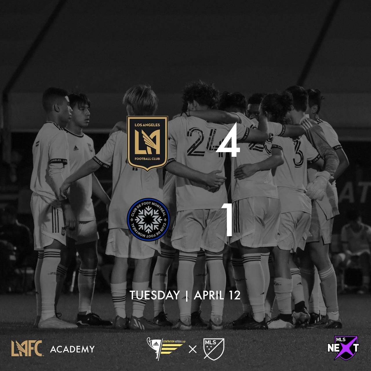 Big win yesterday vs CF Montr&eacute;al to move on to the quarterfinals. Next up: Toronto FC | Tomorrow (4/14) at 12pm CST. @lafcacademy @mlsnext #U15 #generationadidascup2022
