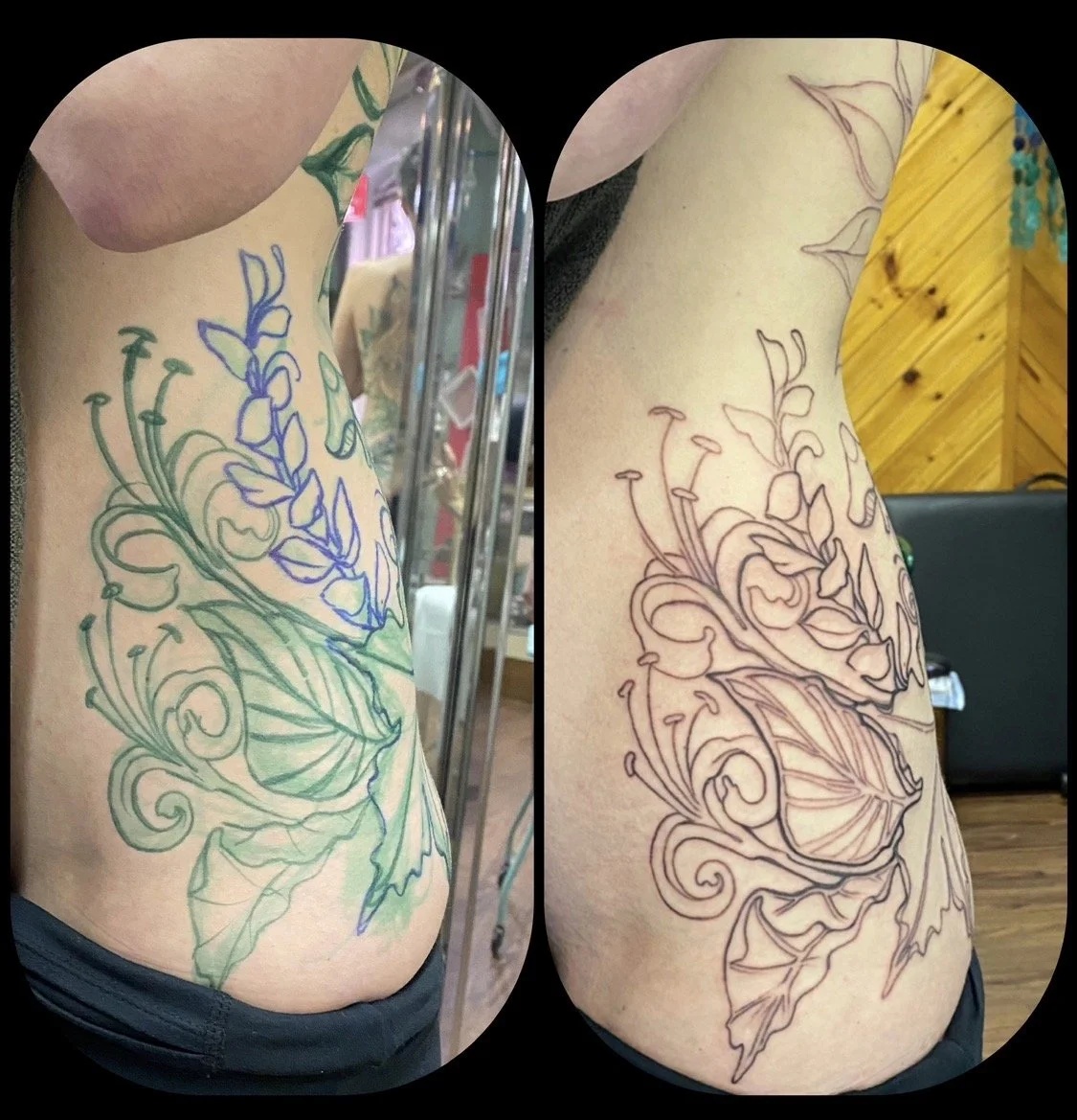 marker on left. tattoo on right. 