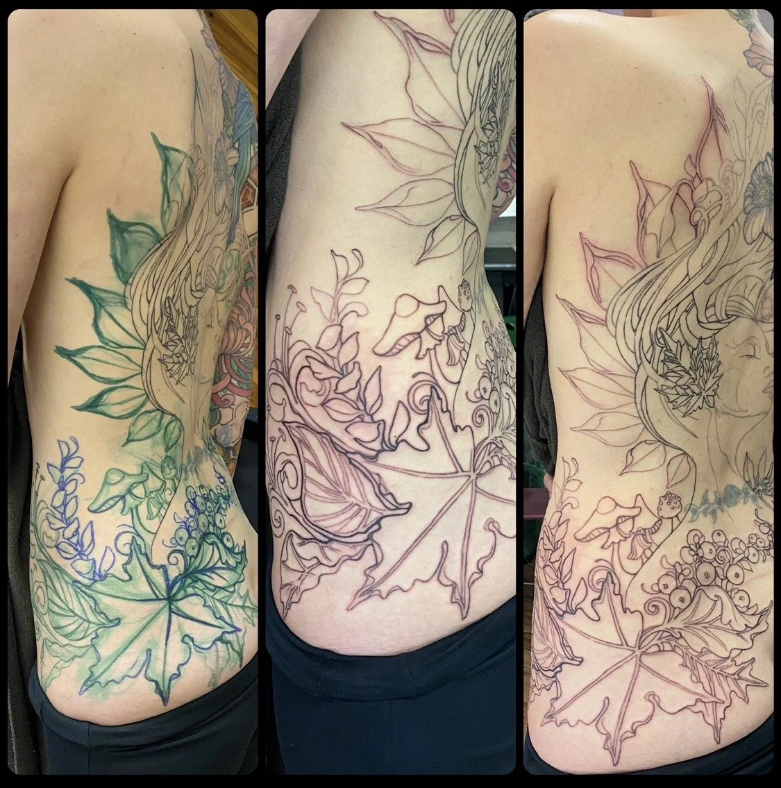 before and after. marker on the left, tattoo middle and far right.