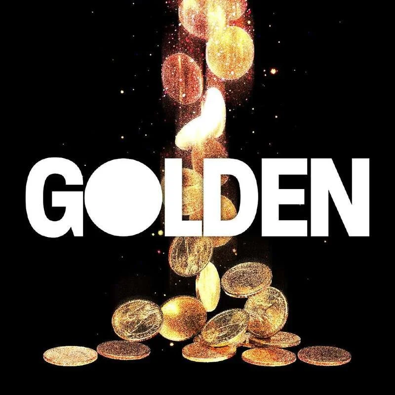 Golden coins falling against a dark background, with the word 'GOLDEN' written in bold white letters overlaying the coins.