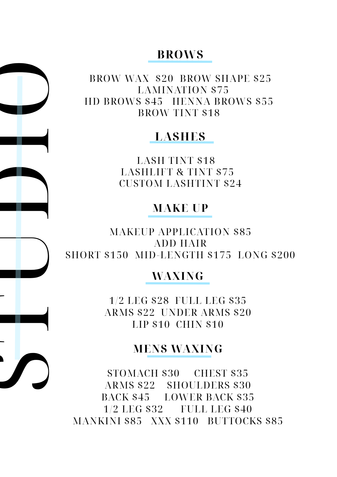 A black and white salon menu listing services and prices for eyebrows, eyelashes, makeup, waxing, and men's waxing.
