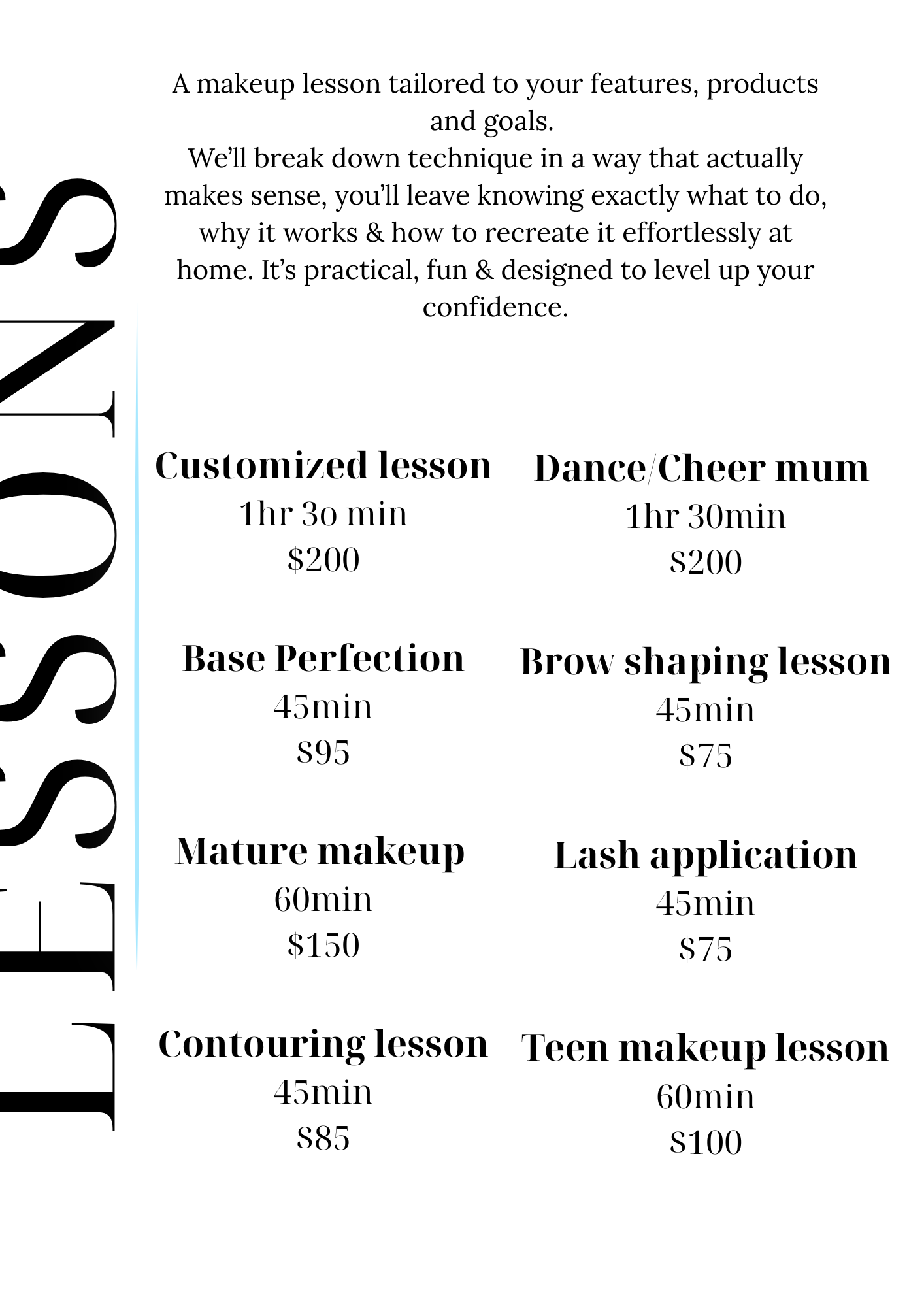 A menu detailing various makeup lessons and their prices, including customized lessons, dance/cheer mum, base perfection, brow shaping, mature makeup, lash application, contouring, and teen makeup lessons.