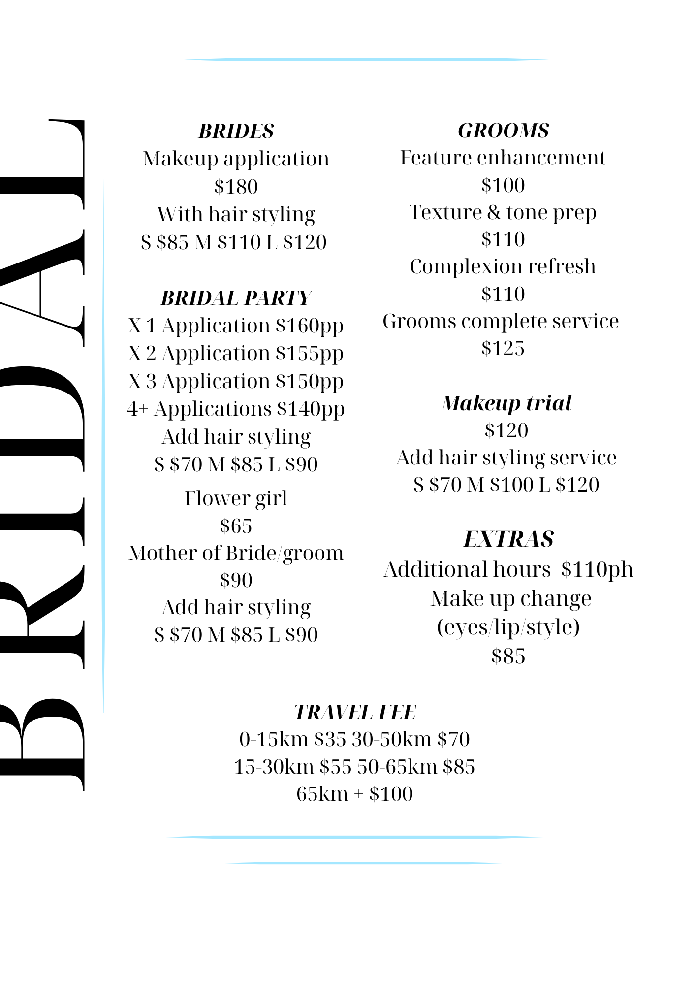 Beauty salon treatment menu listing prices for brides and grooms, bridal party packages, makeup trials, travel fees, and additional extras.